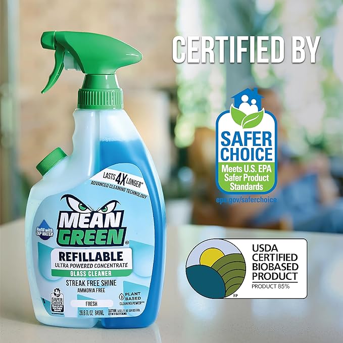 Mean Green Refillable Ultra Powered Glass Cleaner Concentrate, Fresh Scent, 14.3 fl oz – Plant & Mineral Based, Streak-Free Shine, Refillable Bottle Makes 4X Refills