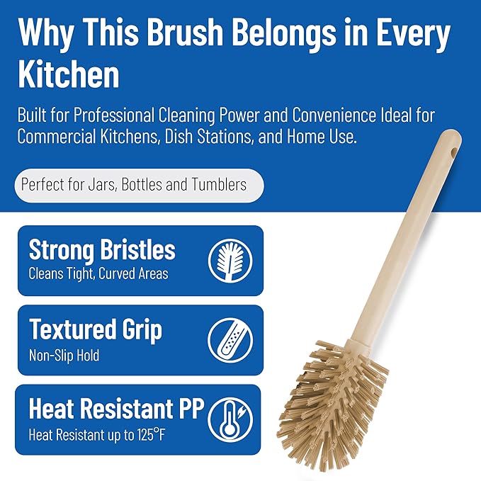 SPARTA 12 Inch Bottle Brush with Polyester Bristles and Plastic Handle, Color Coded, Large Round Head Cleaner for Bottles Jars and Food Service Equipment, Tan