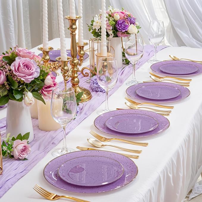 Liacere 32PCS Purple Plastic Plates - Purple Stone Plastic Disposable Tableware Plates Modern Dinnerware Set - Wedding & Warm Winter & Party & Easter Day