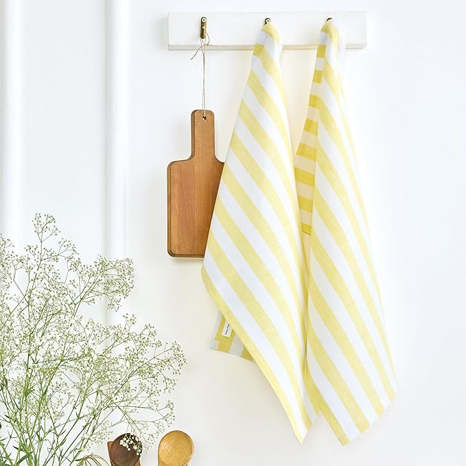Solino Home Yellow and White Linen Kitchen Towels Set of 2-100% Pure Linen 17 x 26 Inch Sorrento Stripe Tea Towels with Hanging Loop - European Flax Kitchen Dish Cloth- Quick Dry & Machine Washable