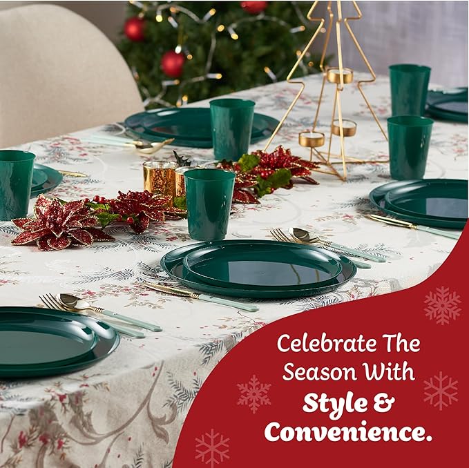 PLASTICPRO [30 Pack 8.6'' Christmass Green Plastic Party Plates Edge Collection Premium heavyweight Elegant Disposable Tableware Dishes