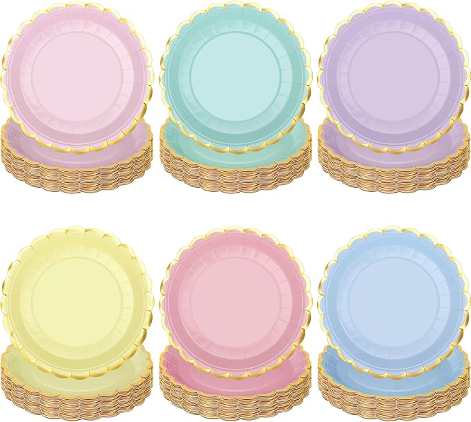 peony man 48 Pcs Pastel Scalloped Paper Plates Disposable Macaron Party Plates 9 Inch Gold Edge Colorful Dinner Plate Pastel Rainbow Dessert Plate for Wedding Birthday Baby Shower Party Supplies
