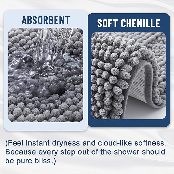 Grandaily Chenille Striped Bathroom Rugs 47x20, Extra Thick and Soft Absorbent Bath Mats, Rubber Backing, Plush Shaggy Shower Carpet, Machine Wash Dry, Bath Rug for Bathroom, Grey