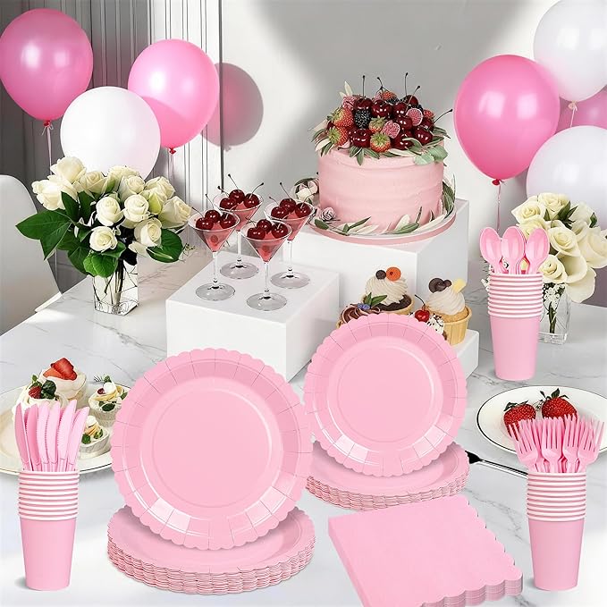 175 PCS Pink Paper Plates and Napkins Set, Pink Party Supplies for 25 Guests Include Scalloped Plate Paper Napkins Cups Knife Fork Spoon for Baby Shower, Birthday, Wedding, Easter Party, Mother's Day