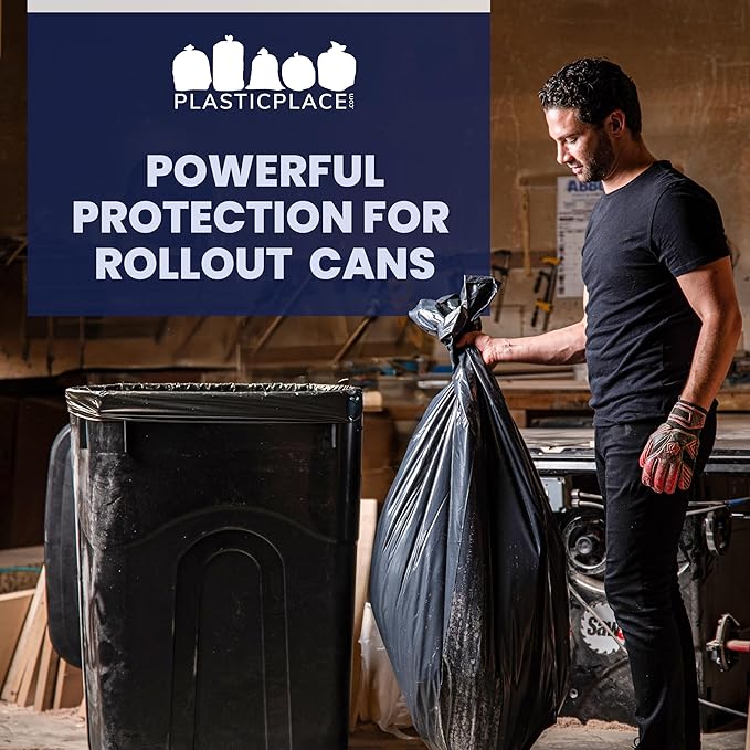 Plasticplace 95-96 Gallon Garbage Can Liners Heavy Duty 1.5 Mil Black Trash Bags Tear-Resistant Outdoor Garbage Bags for Rollaway Bins Large 61" x 68" Industrial-Strength Waste Bags (25 Count)