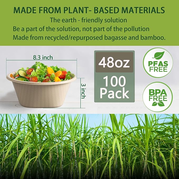 Homestockplus 48 Oz Natural Disposable Paper Bowls [100 Pack] - Heavy Duty, Eco-Friendly Compostable Salad Bowls for Organic Food, Farm to Table, Salad, BPA-Free, Microwave Safe (Unbleached)