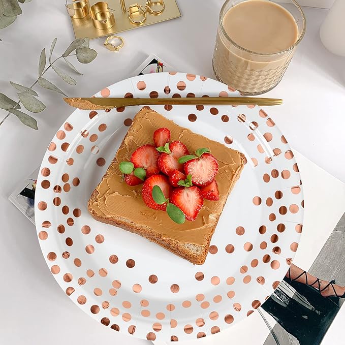Rose Gold Dots Party Paper Plates, 50 PCS Disposable Party Supplies Dessert Paper Plates for Birthday,Wedding Birdal Christmas Baby Shower (7 inches)