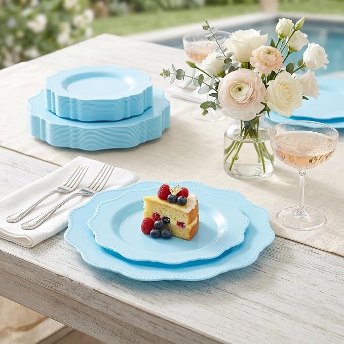 COLOSUS 60Pcs Blue Plastic Plates, Light Baby Blue Party Plates, Heavy Duty 30 Dinner plate 10.5” and 30 Salad/Dessert Plate 8.25” for Easter day, Party,Dinner