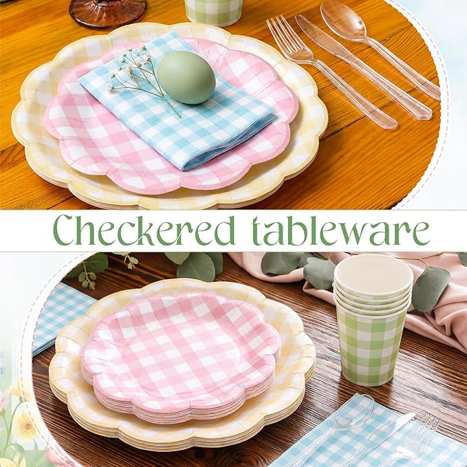 FillTouch 50 Sets Spring Pastel Gingham Disposable Tableware Pink Yellow Paper Plates Green Cups Blue Napkins Clear Knives Forks Spoons for Birthday Baby Shower Wedding Party Decoration