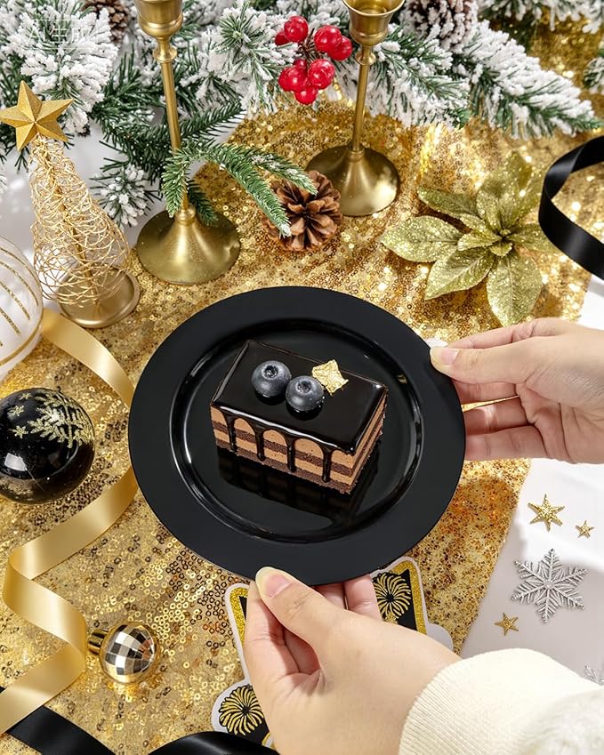 bUCLA 100 Pieces Black Plastic Plates - 6.25 inch Disposable Dessert/Salad/Appetizer/Small Cake Plates for Party, Graduation & New Year