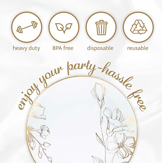 [10'' Plates 10 Count] White Plastic Floral Design Party Dinner Plates With Gold Rim Premium heavyweight Elegant Disposable Tableware Dishes