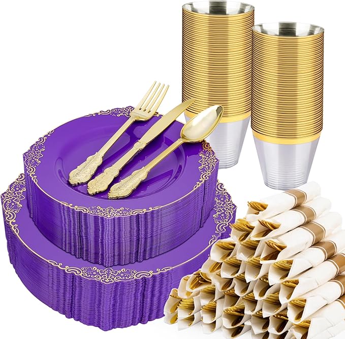 Realluck 350 PCS Purple and Gold Plastic Plates, Plastic Dinnerware Set for 50 Guests, 100 Disposable Plates, 150 Silverwares, 50 Cups, 50 Napkins for Party, Wedding, Graduation