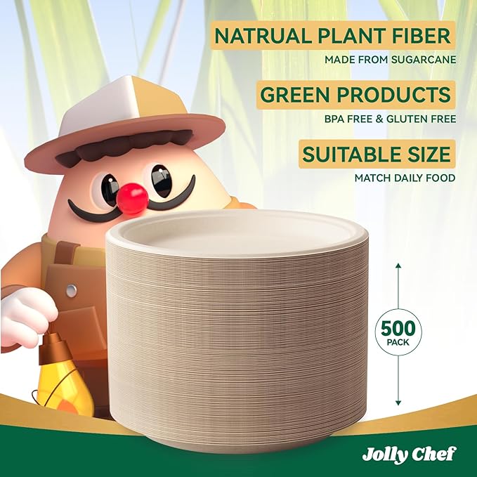 JOLLY CHEF Compostable Heavy Duty Plates 𝟭𝟬 𝗜𝗻𝗰𝗵 [𝟱𝟬𝟬 𝗣𝗮𝗰𝗸] Eco-Friendly Disposable Paper Plates Natural Bagasse Biodegradable Sugarcane Bulk for Party Hot Cold Dinner Christmas (Brown)