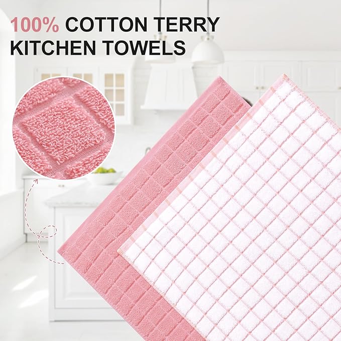 Homaxy Premium Cotton Kitchen Towels 16"x 28", Large Natural Ring Spun 390 GSM Dish Towels, Super Absorbent Terry Kitchen Hand Towels, Soft Tea Towels with Hanging Loop, Pink Check Design, 12 Pack