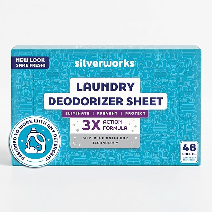 SilverWorks! Deodorizer Laundry Odor Eliminator For Clothes - Natural Silver Ion Infused Washer Sheets - Laundry Deodorizer Odor Eliminator - Lasting Laundry Odor Remover Dryer Deodorizer –24 Loads