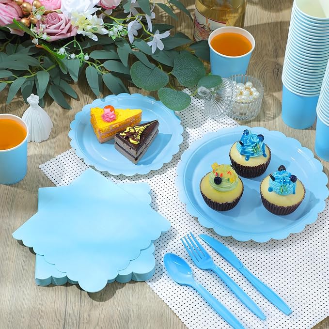 Ziliny 350 Pcs Baby Blue Plates and Napkins, 50 Guest Spring Party Supplies Include Scalloped Paper Plates Napkins Cups Plastic Spoons Forks Knives Disposable Tableware Set for Baby Shower