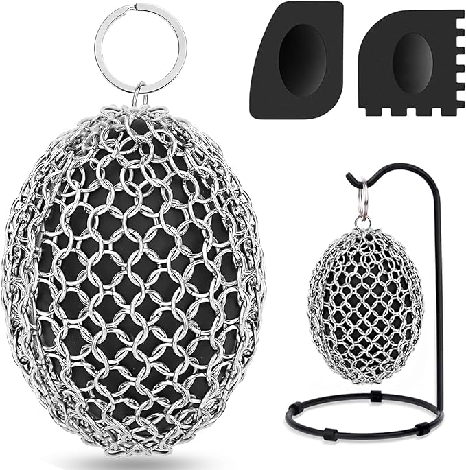 Cast Iron Scrubber Chainmail, 316 Stainless Steel Pot Cleaner with Pan Scraper, Heavy Duty Rust Remover for Cast Iron Skillet, Grill, Dutch Oven – Dishwasher Safe, Heat Resistant Kitchen Cleaning Tool