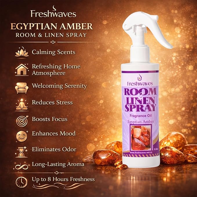 Freshwaves Egyptian Amber Air Freshener Spray | Room Spray Odor Eliminator | Home Fragrance for Living Room | Bedroom | Restroom & Office | 8.8oz White Trigger Spray