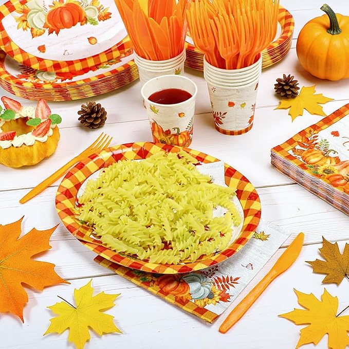 Havawish 350 Pcs Fall Thanksgiving Party Supplies Give Thanks Tableware Set Orange Buffalo Plaids Pumpkin Disposable Oval Plates Cups Napkins Fork Knife Spoon Dinnerware for Autumn Party Table Decor