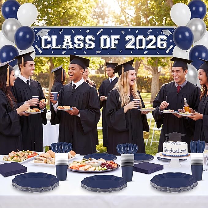 NatNarr 175 Pcs Navy Blue Plates and Napkins Set, 25 Guest Navy Blue Party Supplies Include 9" Graduation Plates & 7" Cake Plate Disposable Plastic Cutlery for Birthday Graduation Party Wedding