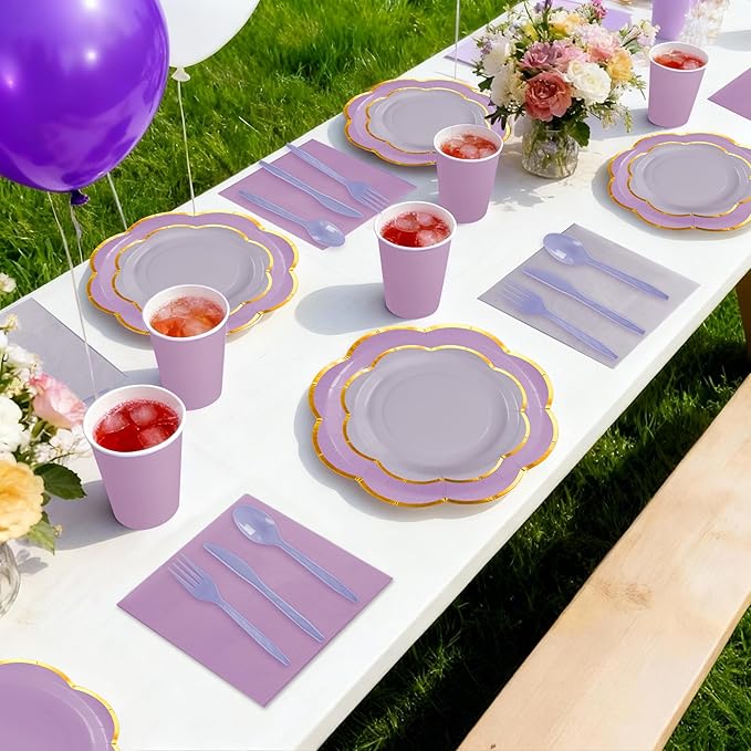 168Pcs Purple Paper Plates and Napkins Party Supplies,Purple Scalloped Party Plates with Gold Rim, Lavender Party Plates and Cups and Napkins Sets for Garden Party Baby Shower Wedding Birthday Picnic
