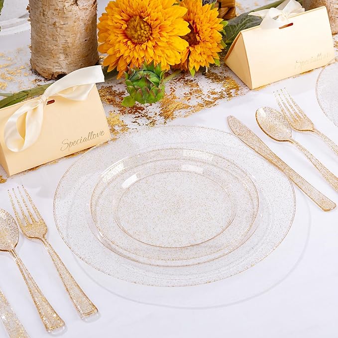 WDF 200PCS Gold Plastic Plates - Gold Glitter Plastic Plates - Heavy Duty Gold Glitter Disposable Plates - Include 100 Dinner Plates 10" and 100 Dessert Plate 7" for Wedding Spring Birthday