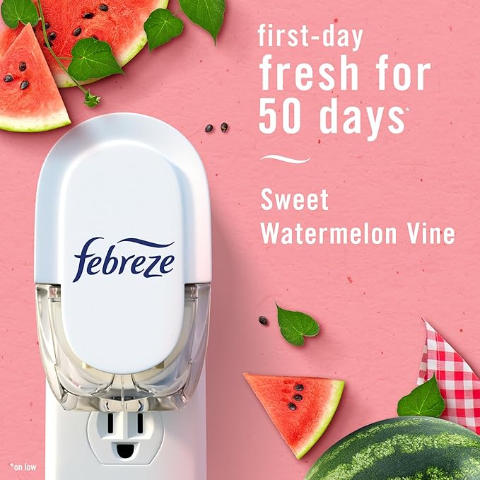 Febreze Odor-Fighting Fade Defy PLUG Air Freshener, Southern Lilac Mornings, Sweet Watermelon Vine, (2 of Each), .79 fl. oz. Oil Refill, 4 Count (Pack of 2)