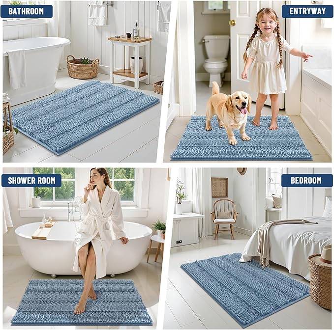 Grandaily Chenille Striped Bathroom Rugs 40x24, Extra Thick and Soft Absorbent Bath Mats, Rubber Backing, Plush Shaggy Shower Carpet, Machine Wash Dry, Bath Rug for Bathroom, Airy Blue