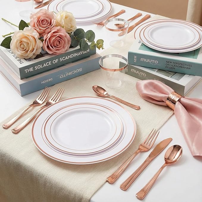 WELLIFE 350Pcs Rose Gold Plastic Plates for 50 Guests - Plastic Dinnerware Set,Party Supplies Includes 100 Rose Gold plates,150 Silverware,50 Napkins,50 Cups for Valentines and Galentines