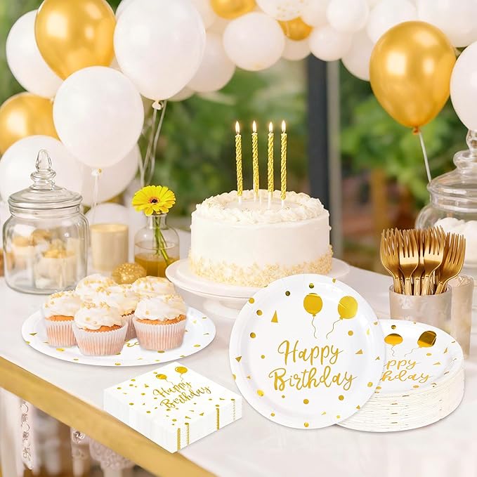 75 Pcs Happy Birthday Paper Plates,Serves 25 Guests White Gold Plates and Napkins with Gold Forks,Disposable Paper Tableware Set for Birthday Party Decorations