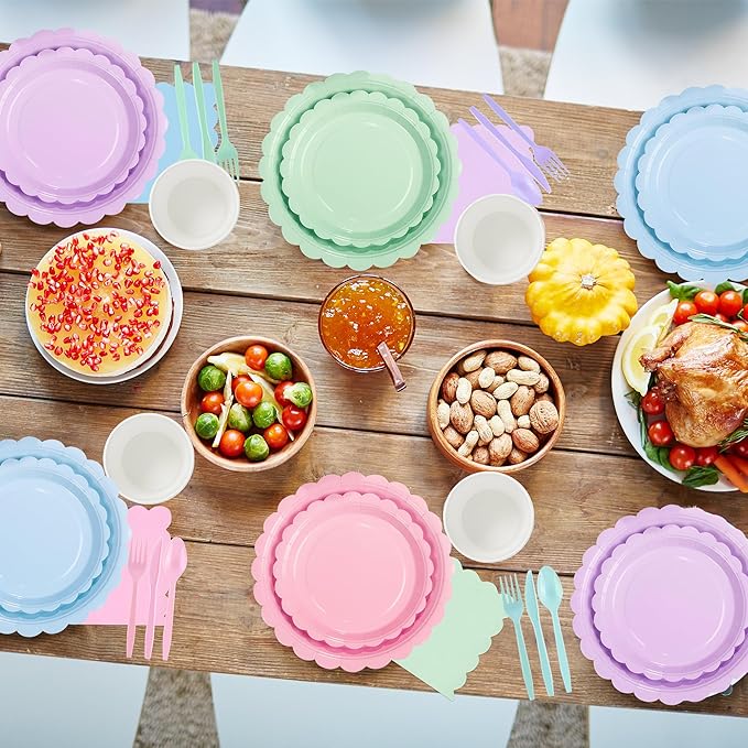 175 Pcs Pastel Plates and Napkins Party Supplies,Disposable Dinnerware Set for 25 Guests, Paper Plates Napkins Cups and Plastic Knives Forks Spoons for Birthday Wedding Party Decorations