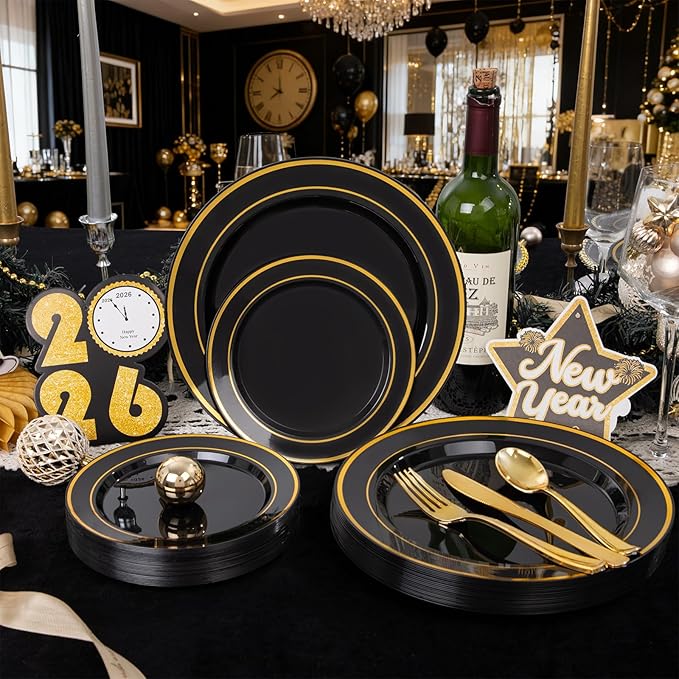 WDF 200PCS Black and Gold Plastic Plates - Black Plates Disposable for Party - Heavy Duty Plastic Plate for Wedding/Party/Birthday/Graduation