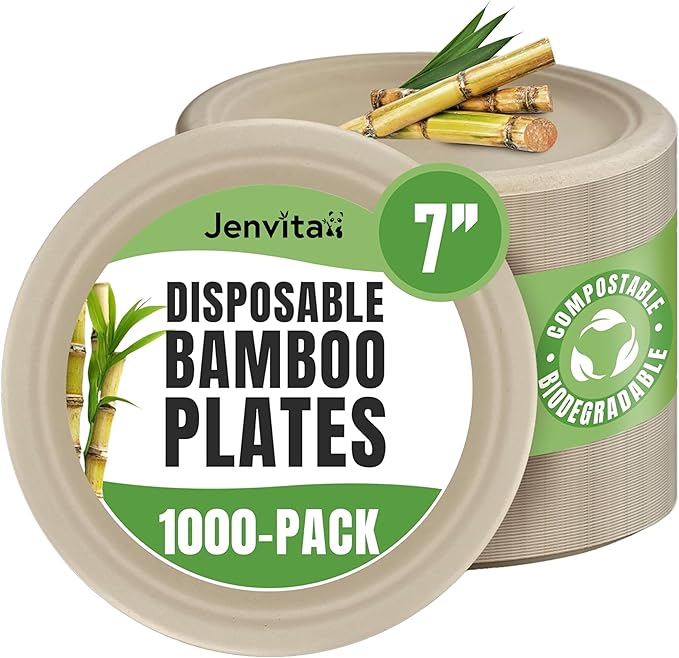 Bamboo Dinner Plates Disposable (1000-Pack, 7-inch) | Sturdy & Microwave Safe | Bamboo Disposable Plates for Parties | PFAS Free, Biodegradable | FSC Certified Alternative to Plastic