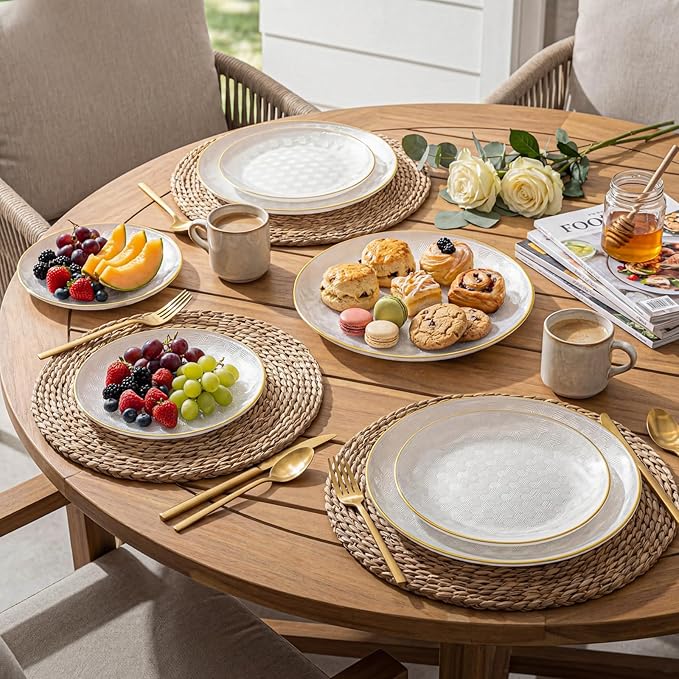 Festiva 60PCS Clear Ivory Plastic Plates with Gold Rim - Heavy Duty Fancy Disposable Plates - Serve for 30 Guests Include 30PCS 10.25" & 30PCS 7.5" Honeycomb Design Plates for Bee Party