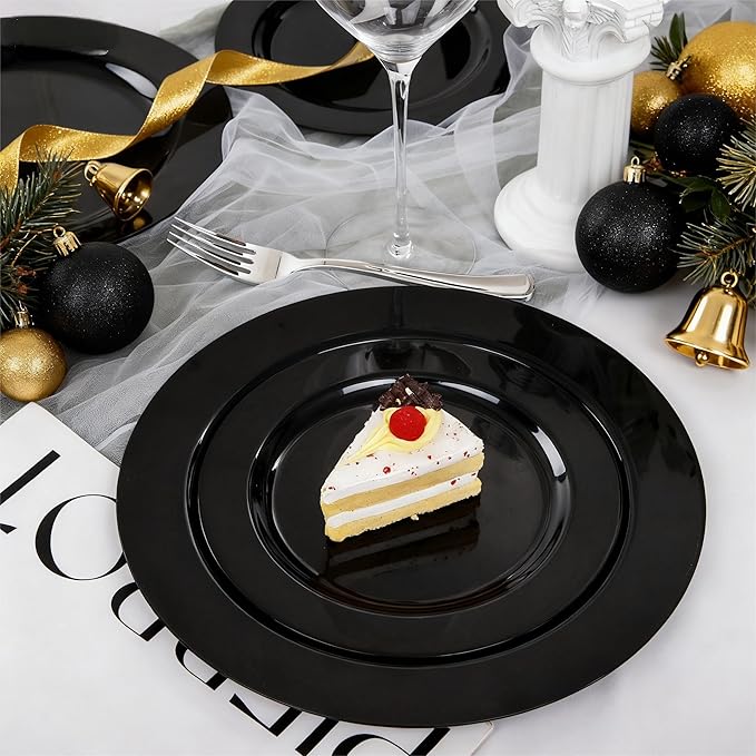 FLOWERCAT 60PCS Black Plastic Plates - Heavy Duty Black Disposable Plates for 30 guests Graduation Party/Wedding/Memorial Day - Include 30PCS 10.25inch Dinner Plates and 30PCS 7.5inch Dessert Plates