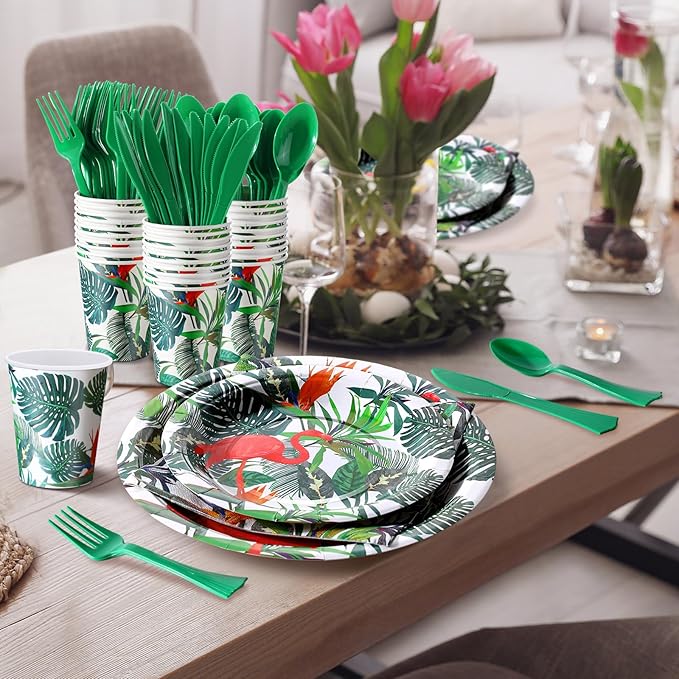 FillTouch 350 Pcs Flamingo Party Supplies Serve 50 Guests Hawaiian Luau Flamingo Birthday Decorations Include Plates Napkins Cups Knives Forks Spoons Disposable Dinnerware Set for Summer Birthday