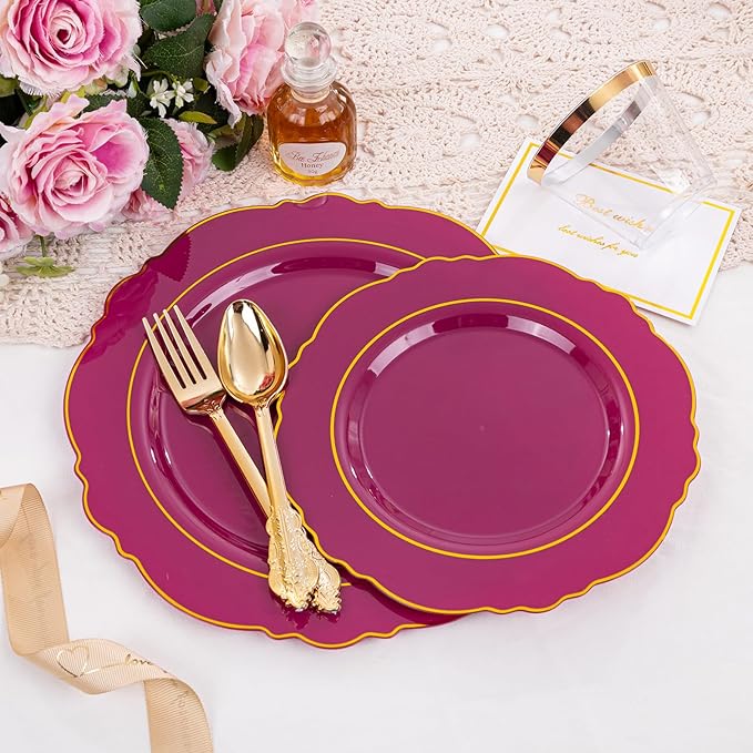 Liacere 350PCS Red Plastic Plates-Disposable Burgundy Red and Gold Plates 50guest Baroque Plastic Dinnerware include 100Plates, 50Pack Pre Rolled Napkins with Silverware 50Cups for Wedding&Mothers Day