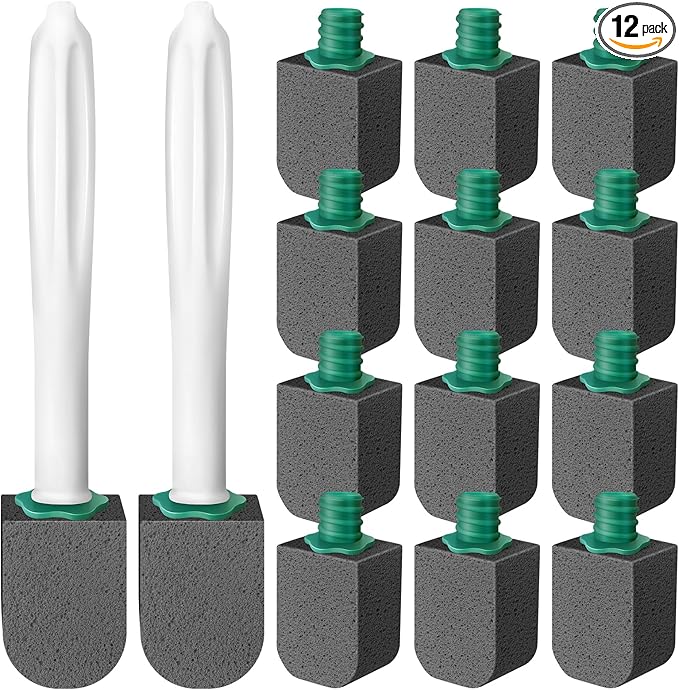 12pcs Pumice Stone Set with 2pcs Long Handle Toilet Brush, Cleaning Block for Bathtubs, Kitchen Sink, Grill, Tile. (Black)
