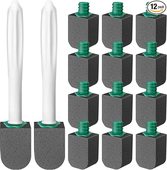 12pcs Pumice Stone Set with 2pcs Long Handle Toilet Brush, Cleaning Block for Bathtubs, Kitchen Sink, Grill, Tile. (Black)