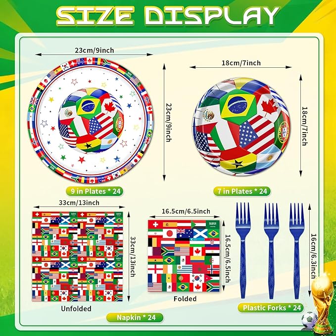 96 Pieces International World Flags Plates and Napkins Tableware Set, Soccer World Flags Disposable Paper Plates Napkins Forks for Soccer Party Supplies Sports Theme Events Birthday Decor - Serves 24