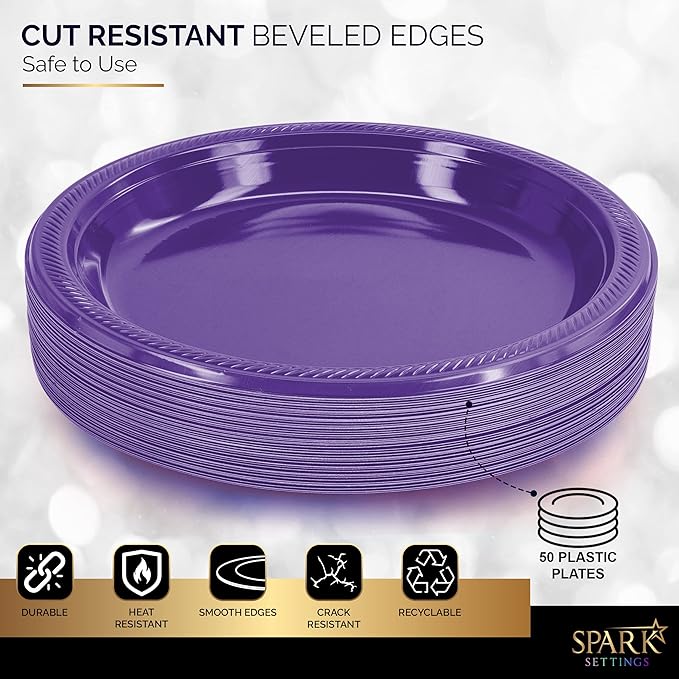 Amcrate Disposable Plastic Plates Purple, 10.4 Inches Plastic Dinner Plates, Strong and Sturdy Disposable Plates for Party, Dinner, Holiday, Picnic, or Travel Party Plates, Pack of 50