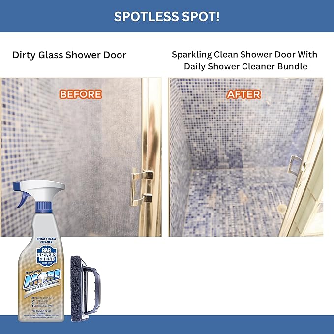 Daily Shower Spray Kit with 2 Items, Hard Water Spray Foam Cleaner with Glass Stain Remover Scrub Brush. An All In One Shower Cleaner Spray Solution