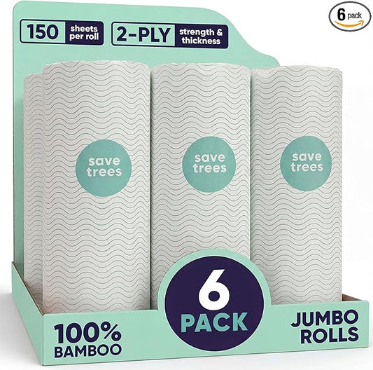 Save Trees Bamboo Paper Towels 6pk - 750 Sheets Paper Towels Rolls Ultra Absorbent & Durable Eco-Friendly - FSC-Certified, totally Plastic-Free, and Vegan