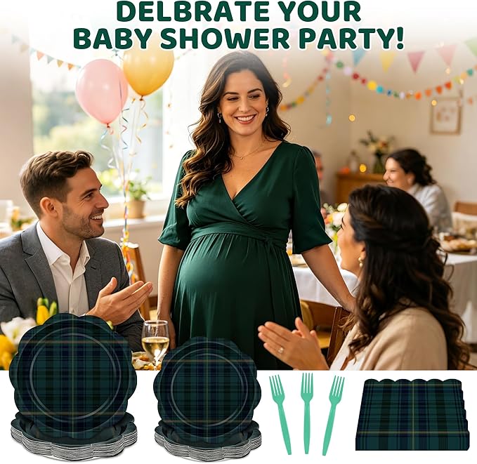 96 Pcs Tartan Plaid Baby Shower Plates and Napkins Set, Blue Green Baby Shower Party Supplies for 24 Guests include Disposable Green Tartan Scalloped Plates, Napkins and Forks for Baby Shower Wedding