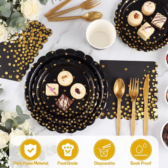 175 Pcs Black and Gold Plates and Napkins, Disposable Black Gold Dinnerware Include Scalloped Party Plates Napkin Cups Plastic Cutlery for Men Birthday Graduation Retirement Congratulations