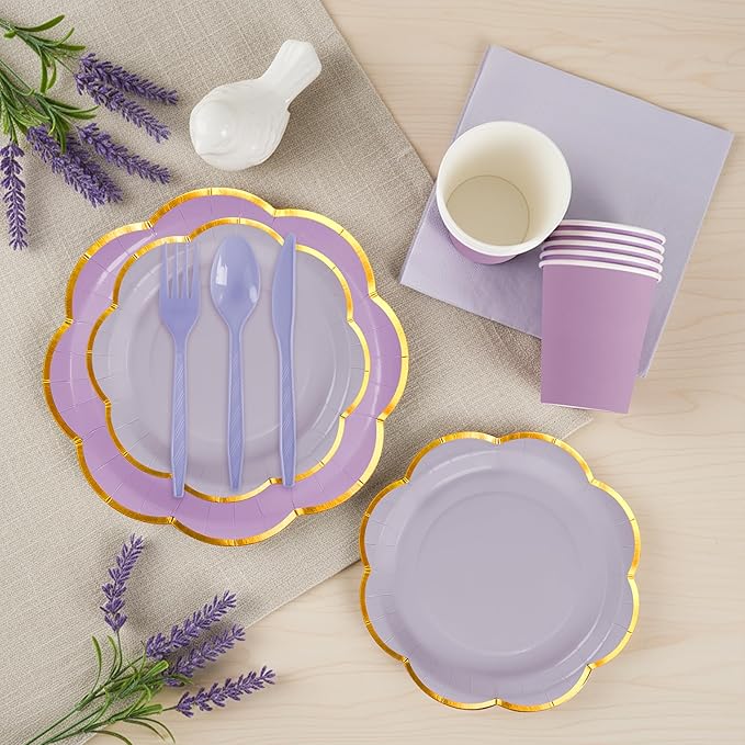 168Pcs Purple Paper Plates and Napkins Party Supplies,Purple Scalloped Party Plates with Gold Rim, Lavender Party Plates and Cups and Napkins Sets for Garden Party Baby Shower Wedding Birthday Picnic