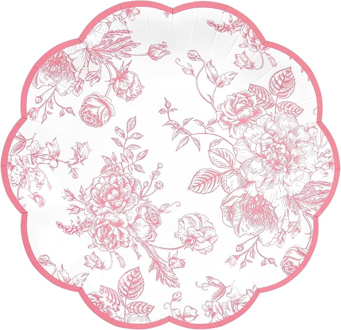 48 Pcs Pink Floral Party Plates Vintage Floral Leaf Disposable Paper Plates Wildflower Pink Toile 7" Samll Scalloped Rim Dessert Plates for Spring Summer Birthday Bridal Tea Party Supplies