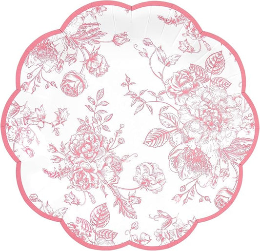 48 Pcs Pink Floral Party Plates Vintage Floral Leaf Disposable Paper Plates Wildflower Pink Toile 7" Samll Scalloped Rim Dessert Plates for Spring Summer Birthday Bridal Tea Party Supplies