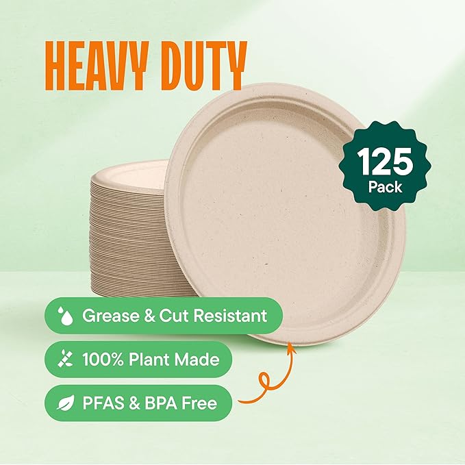 Stack Man Deep Dish Paper Plates, Heavy Duty Disposable Dinner Plates [125-Pack] 10 Inch Plates - 100% Compostable Eco-Friendly, Biodegradable Sugarcane Bagasse, Natural Brown 10" (9" Deep)