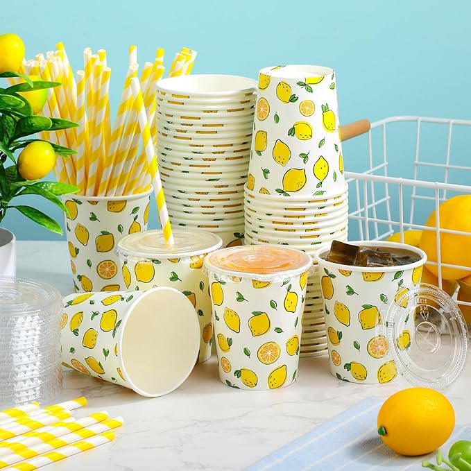 150 Pieces/50 Sets Lemonade Cups with Lids and Paper Straws 9oz Disposable Iced Coffee Paper Cup Summer Citrus Cold Cups for Lemonade Stand Supplies Fruit Party Beverages Drinks Juices
